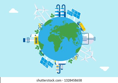 Solar energy and wind energy. Dirty city, factories and air pollution. Image for earth day, world environment day. Ecology design concept.