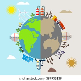 Solar energy, wind energy. Dirty city, factories, air pollution. Earth Day. World environment day. Ecology design concept with air, water and soil pollution. Flat icons isolated vector illustration.