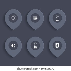 Solar energy, wind energetics, alternative green energetics, icons on gray marks, vector illustration