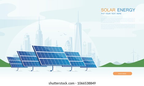 Solar energy and wind turbines in front of the city skyline. Ecological sustainable energy supply vector design.