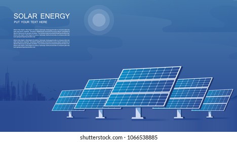 Solar energy and wind turbines in front of the city skyline. Ecological sustainable energy supply vector design.