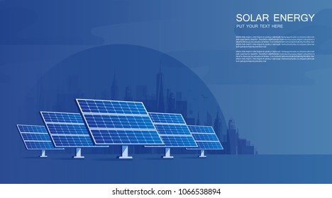 Solar energy and wind turbines in front of the city skyline. Ecological sustainable energy supply vector design.