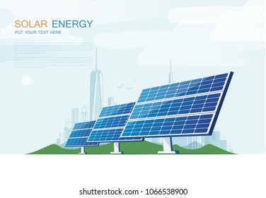 Solar energy and wind turbines in front of the city skyline. Ecological sustainable energy supply vector design.