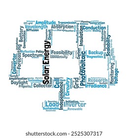 Solar Energy Word Cloud. Composition of Words Related to Photovoltaics, Solar Cells, and Renewable Energy Systems. Isolated Background.