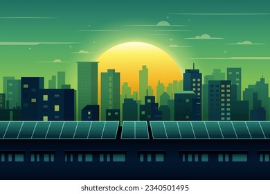 Energía solar. Ciudad verde. Eco Friendly, ecología y energías renovables alternativas. Concepto de desarrollo sostenible. Ilustración vectorial.