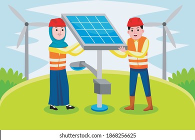 Solar Engineer Profession with vector illlustration. Flat design with cartoon characters.