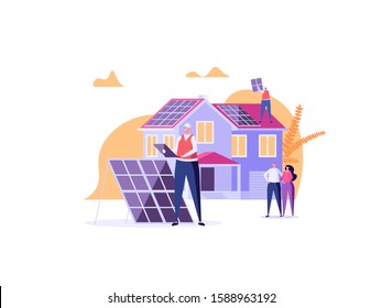 Solar engineer in uniform installs and tunes solar panels on house. Concept of solar energy, sun power, solar engineering service, professions of future. Vector illustration in cartoon design.