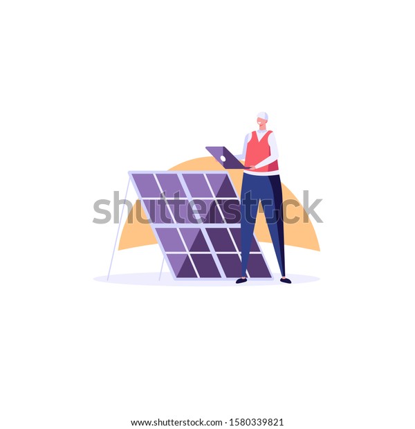 Solar engineer in uniform installs and tunes\
solar panels with laptop. Concept of solar energy, sun power, solar\
engineering service, professions of future. Vector illustration in\
cartoon design.