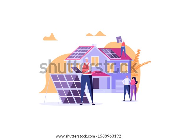 Solar engineer in uniform installs and tunes
solar panels on house. Concept of solar energy, sun power, solar
engineering service, professions of future. Vector illustration in
cartoon design.