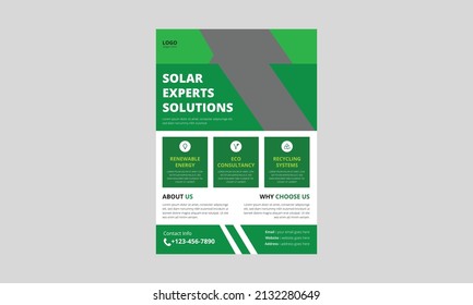 Solar Experts Solutions Flyer template. House solar energy flyer leaflet design. Green save energy poster template. cover, a4 size, flyer design