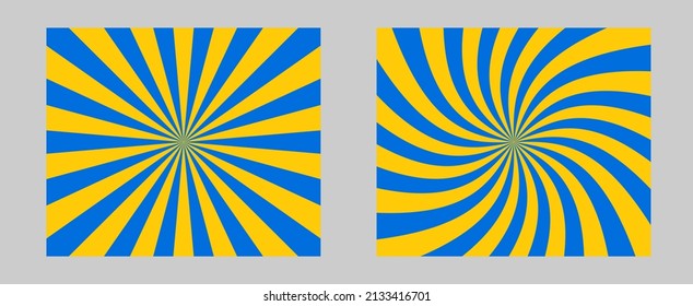 Solar explosion Effect. Vector Sunburst wallpaper. Blue, yellow color burst set of 2 sun rays background. Circus background, abstract pattern with colorful rays, banner element for show, fair.