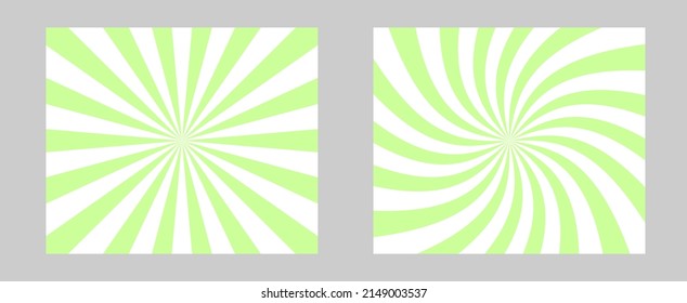 Solar explosion Sun Burst Effect. Vector Sunburst wallpaper. Green color burst set of 2 sun rays background. Circus background, abstract pattern with colorful rays, banner element for show, fair.