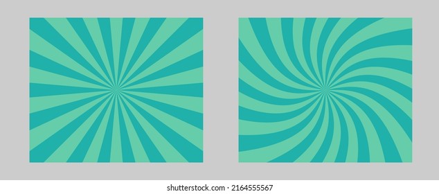 Solar explosion Sun Burst Effect. Vector Sunburst wallpaper. Green color burst set of 2 sun rays background. Circus background, abstract pattern with colorful rays, banner element for show, fair.