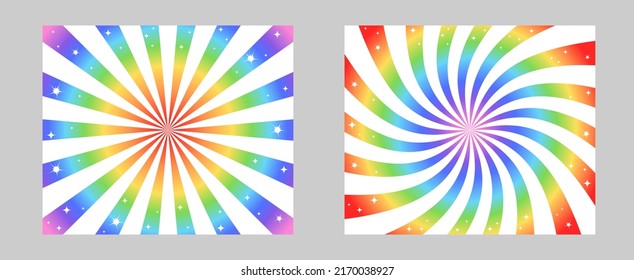 Solar explosion Sun Burst Effect. Vector Sunburst wallpaper. Rainbow color burst set of 2 sun rays background. Circus background, abstract pattern with colorful rays, banner element for show, fair.