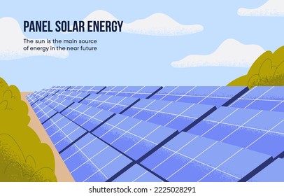 Solar farm with cells, glass panels, photovoltaic batteries for eco sunlight energy, alternative sustainable renewable power. Green recycled generators, sun modules, system. Flat vector illustration