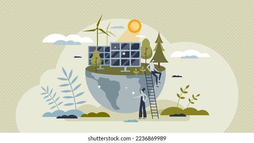 Solar farm as field with sun panel cells to collect energy tiny person concept. Sustainable, green and nature friendly photovoltaic solution for ecological electricity supply vector illustration.