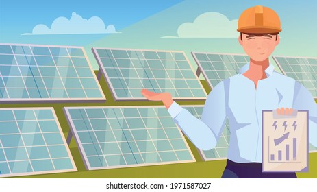 Solar farm flat background with worker character indicating rows of solar panels installed in field vector illustration
