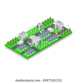 Solar farm panels isometric illustrated on background