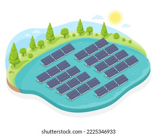 solar farm panels top view polycrystalline silicon solar cell floating on the water in lake for green and clean energy ecology isometric