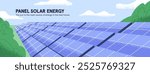 Solar farm with photovoltaic panels on eco landscape. Sun batteries, generator of electricity. Design of web banner about alternative energy, renewable sunlight power. Flat vector illustration