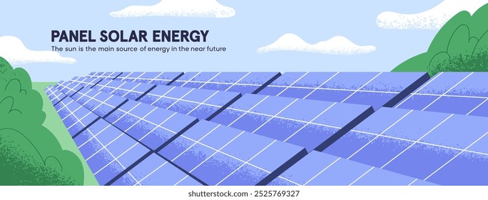 Granja solar con paneles fotovoltaicos en paisaje ecológico. Baterías de sol, generador de electricidad. Diseño de Anuncio de Web sobre energía alternativa, energía solar renovable. Ilustración vectorial plana