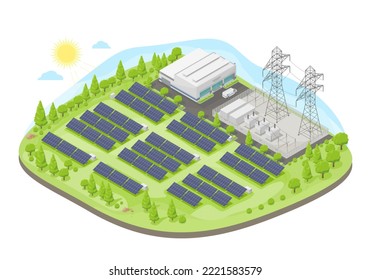 solar farm power plant with solar cell green energy ecology powerhouse concept electricity in nature isometric vector isolated