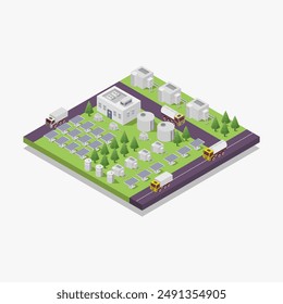 Solar farm power plant with solar cell isometric illustrated on background