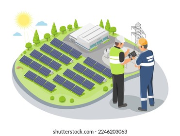 Solar Farm Power Plant Inspector Engineering and technicians concept with solar cell green energy ecology powerhouse electricity in nature isometric vector isolated