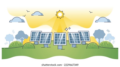 Solar farm with sun panels for electricity power production outline concept. Alternative energy with ecological solution for clean and sustainable source vector illustration. Modern and green station.