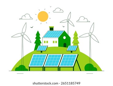 Solar Farms Vector Illustration Featuring Energy Storage Systems with Wind Power Turbines, Solar Panels, and Green Alternative Energy in a Background