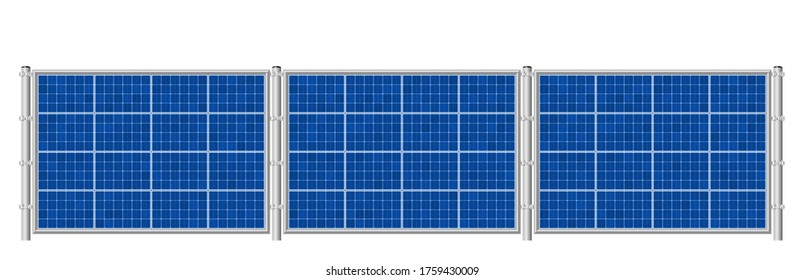 Solar fence. Photovoltaic panels for ecological electricity production. Solar plates collector set. Isolated vector illustration on white background.