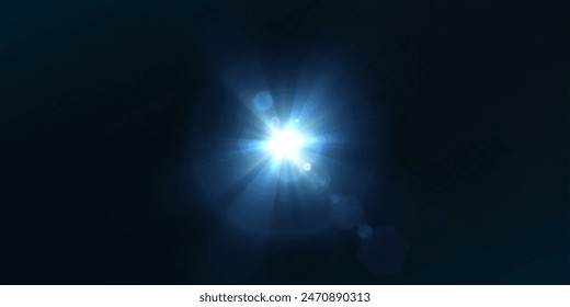 Solar flare. Beautiful light effect of flickering highlights. Light effect of blue glowing light. Glow effect. Starbursts with twinkling highlights. Vector 10 EPS