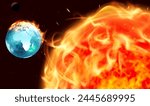 Solar flare and the Earth is under attack. Earth on fire and burning. Solar prominence, flare and magnetic storms. Solar storms hit earth. Global warming. Surface solar explosion. Science Vector EPS10