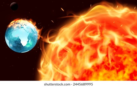 Solar flare and the Earth is under attack. Earth on fire and burning. Solar prominence, flare and magnetic storms. Solar storms hit earth. Global warming. Surface solar explosion. Science Vector EPS10