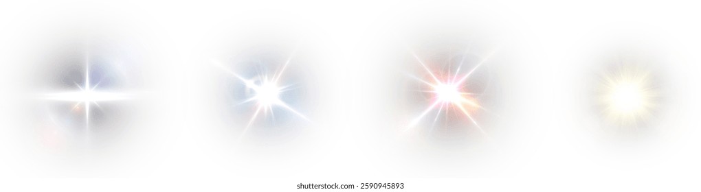 solar flare light effect with flickering highlights and glowing blue rays. Features starbursts with twinkling sparkles, creating a radiant and luminous glow. Vector EPS 10 format.