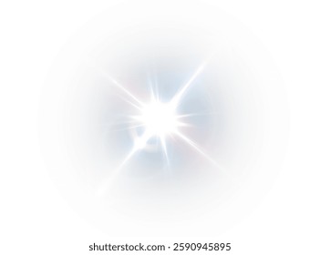 solar flare light effect with flickering highlights and glowing blue rays. Features starbursts with twinkling sparkles, creating a radiant and luminous glow. Vector EPS 10 format.