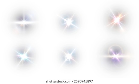 solar flare light effect with flickering highlights and glowing blue rays. Features starbursts with twinkling sparkles, creating a radiant and luminous glow. Vector EPS 10 format.