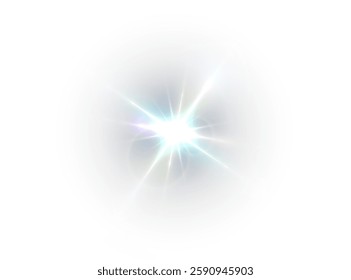 solar flare light effect with flickering highlights and glowing blue rays. Features starbursts with twinkling sparkles, creating a radiant and luminous glow. Vector EPS 10 format.