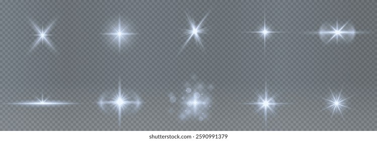 solar flare light effect with flickering highlights and radiant blue glow. Includes twinkling starbursts and sparkling accents, perfect for enhancing designs with a luminous energy. Vector EPS 10 