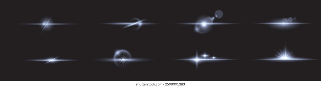 solar flare light effect with flickering highlights and radiant blue glow. Includes twinkling starbursts and sparkling accents, perfect for enhancing designs with a luminous energy. Vector EPS 10 