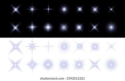 solar flare light effect with flickering highlights and radiant blue glow. Includes twinkling starbursts and sparkling accents, perfect for enhancing designs with a luminous energy. Vector EPS 10 