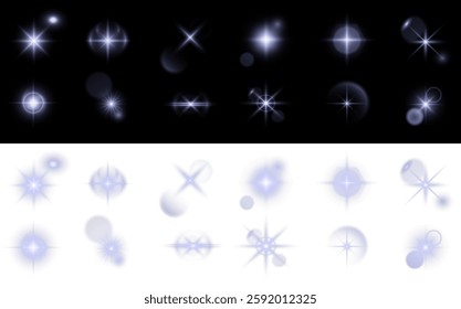 solar flare light effect with flickering highlights and radiant blue glow. Includes twinkling starbursts and sparkling accents, perfect for enhancing designs with a luminous energy. Vector EPS 10 