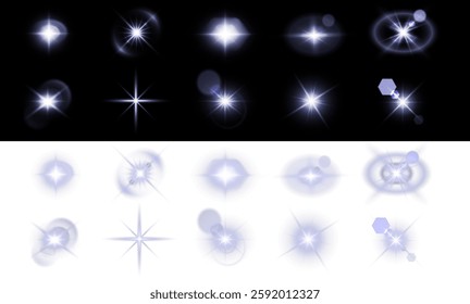 solar flare light effect with flickering highlights and radiant blue glow. Includes twinkling starbursts and sparkling accents, perfect for enhancing designs with a luminous energy. Vector EPS 10 