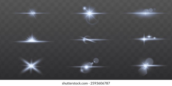 solar flare light effect with flickering highlights and radiant blue glow. Includes twinkling starbursts and sparkling accents, perfect for enhancing designs with a luminous energy. Vector EPS 10 