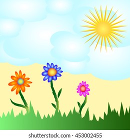 Solar flower card. Sky, clouds, sun and flowers on a background of grass