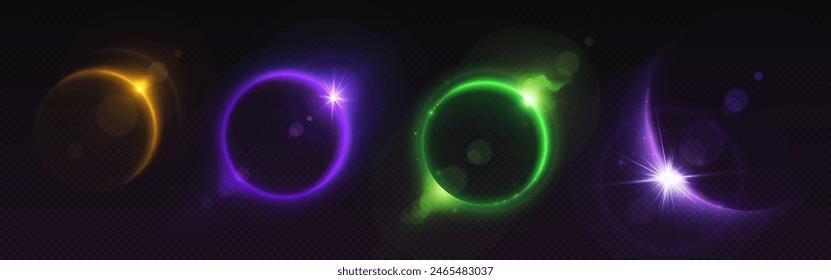 Solar full eclipse abstract neon light circle and crescent on dark transparent background. Realistic vector illustration set of colorful bright glowing ring. Sun corona flare. Moon covering sun effect