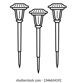 Solar garden path lights. Vector outline icon isolated on white background.