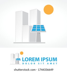 Solargenerator vor modernen Gebäuden, Vektor-Logo-Vorlage