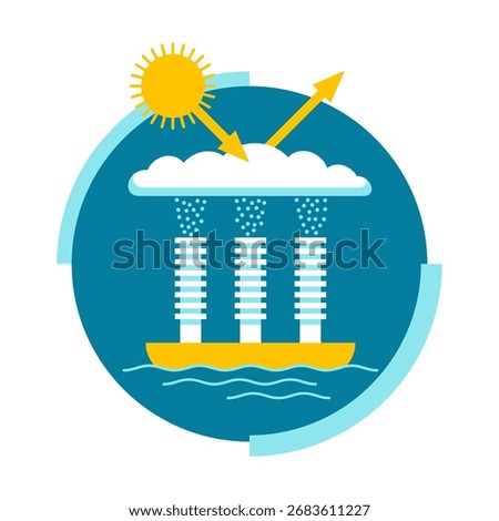 Solar geoengineering concept - increasing the reflectivity of marine clouds. Sea platform with aerosol. Isolated icon in flat colors