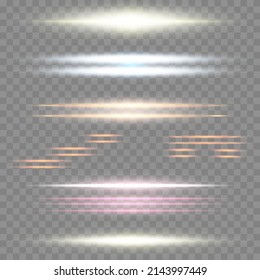 Solar glare.Glow isolated white transparent light effect set, lens flare, explosion, glitter, line, sun flash, spark and stars. Beautiful optical lens flare effect sun light.